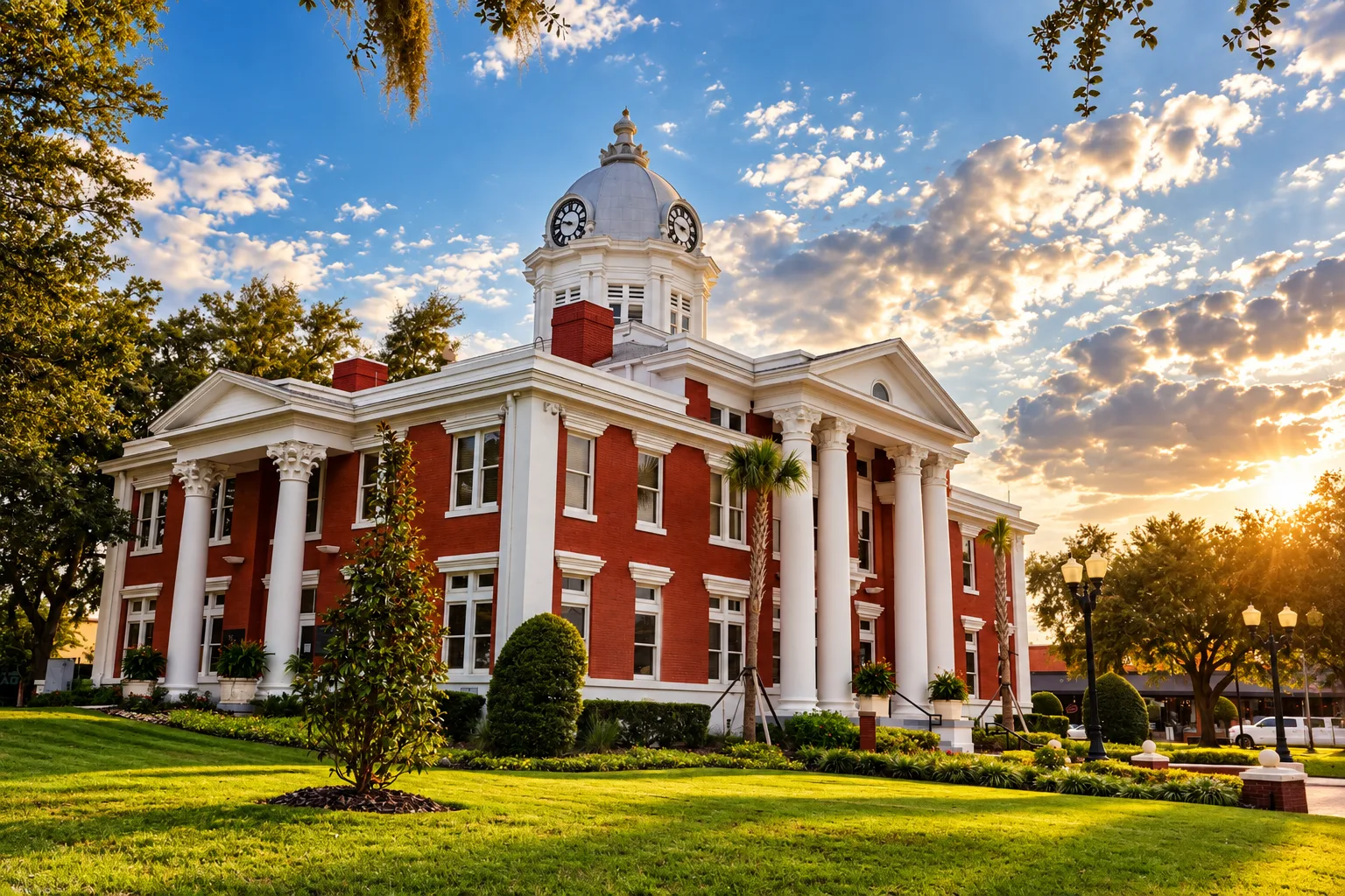 The red-brick historic courthouse and its clock dome from the lawn, under a sky of scattered clouds.